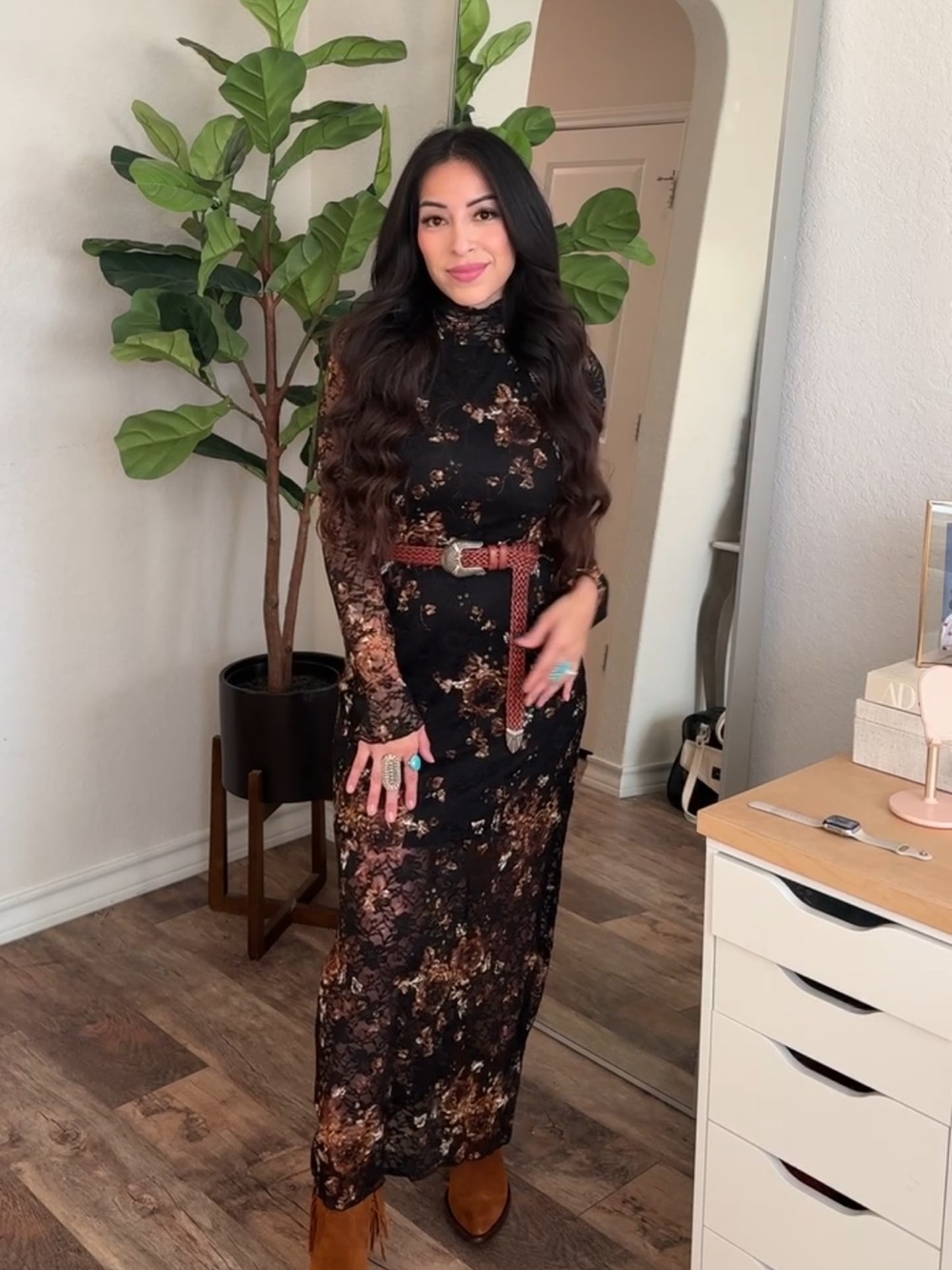 Black & Brown Floral Lace Long Sleeve Maxi Dress